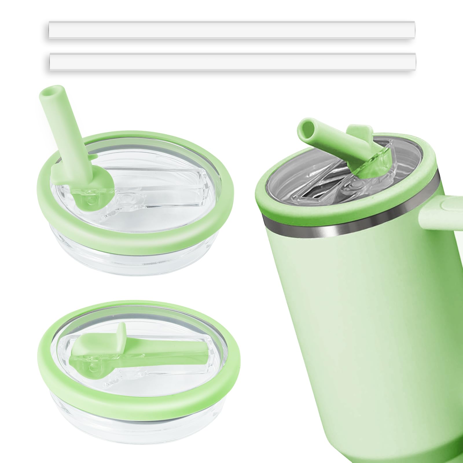 2pcs Leakproof Lid with Straw for Stanley Replacement,No-Spill Cup Lids for Stanley Quencher Accessories,Tumbler Flip Straw Lids (Green, 40oz)