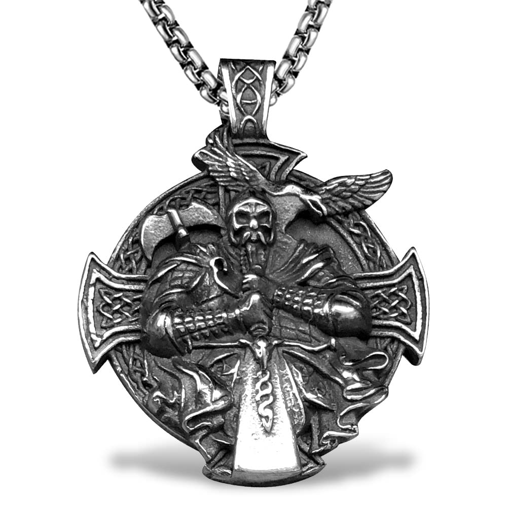 bahamutbahamut Norse Viking Odin Sword Celtic Knot Double Sided Engraved Cross Pendant Necklace Stainless Steel, Vintage Warrior Amulet Jewelry Viking Gifts for Men