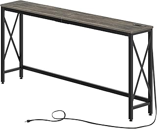 Rolanstar Console Table with Power Outlet, Narrow Sofa Table, 70.8" x 11.8" Farmhouse Table Behind Sofa Couch Hallway Entrance for Living Room, Entryway, Foyer, with Metal Frame,Grey