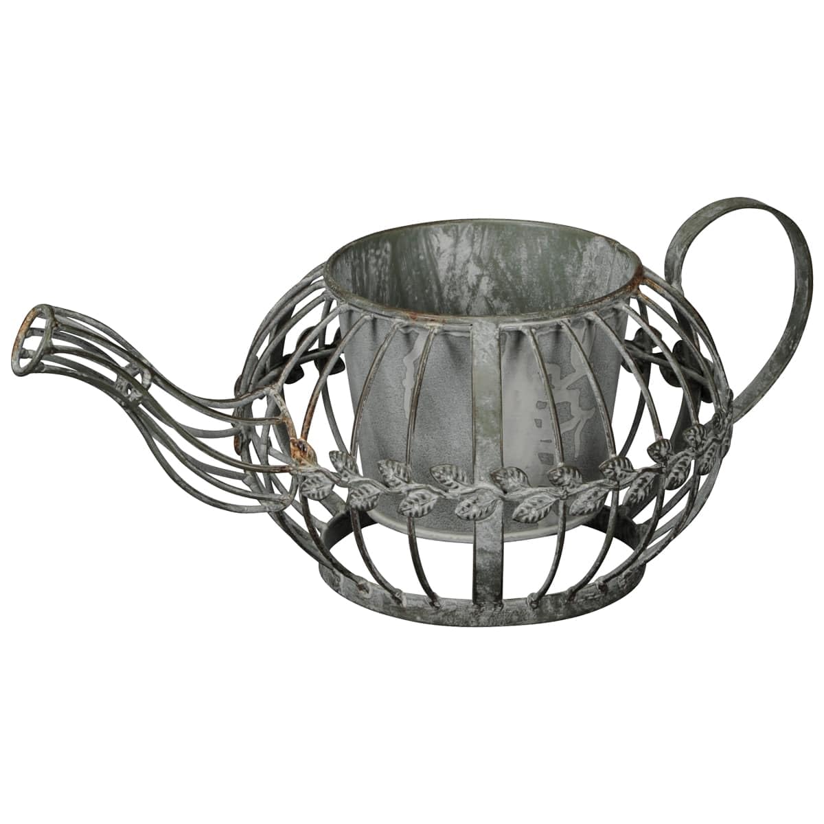 Deko Teekanne mit Pflanztopf für draußen - Große graue Vintage Eisen Gießkanne als Blumentopf Vase - 35 x 14 cm als Garten- Balkon- Hochzeits- und Eingangsbereichsdeko im Shabby Chic Landhausstil