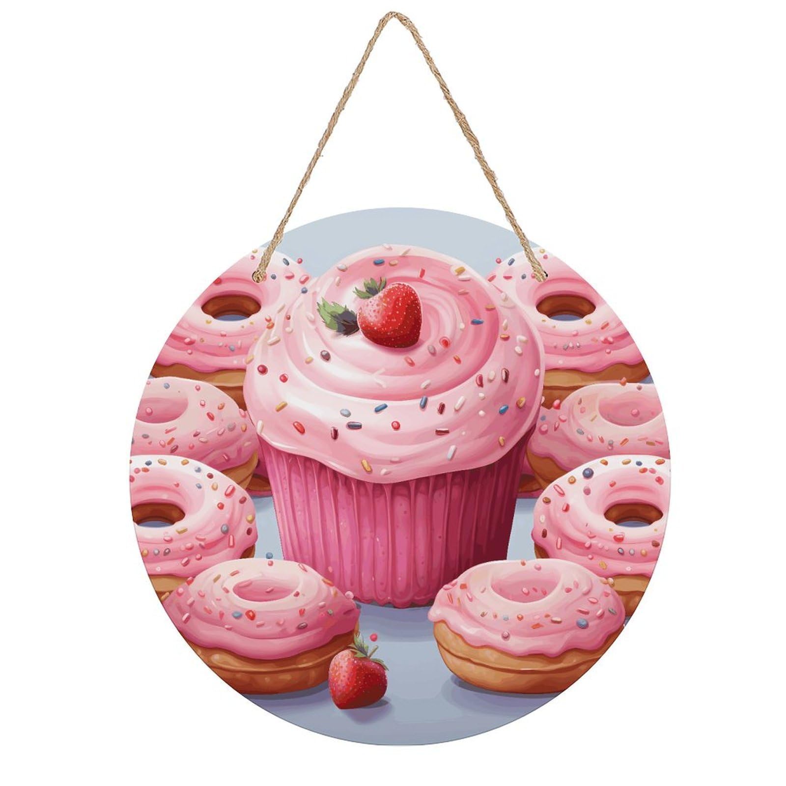 VstaDank Pink Donut And Cupcake Wall Art Decor with Ropes Wooden Hanging Sign Hanging Wall Decor Artwork Round Wood Painting Modern Wall Prints Decor Picture for Office Bar Home Decors