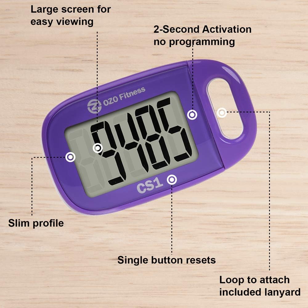 CS1 Easy Pedometer for Walking | Clip on Step Counter | Large Display + Lanyard (Purple) : Sports & Outdoors