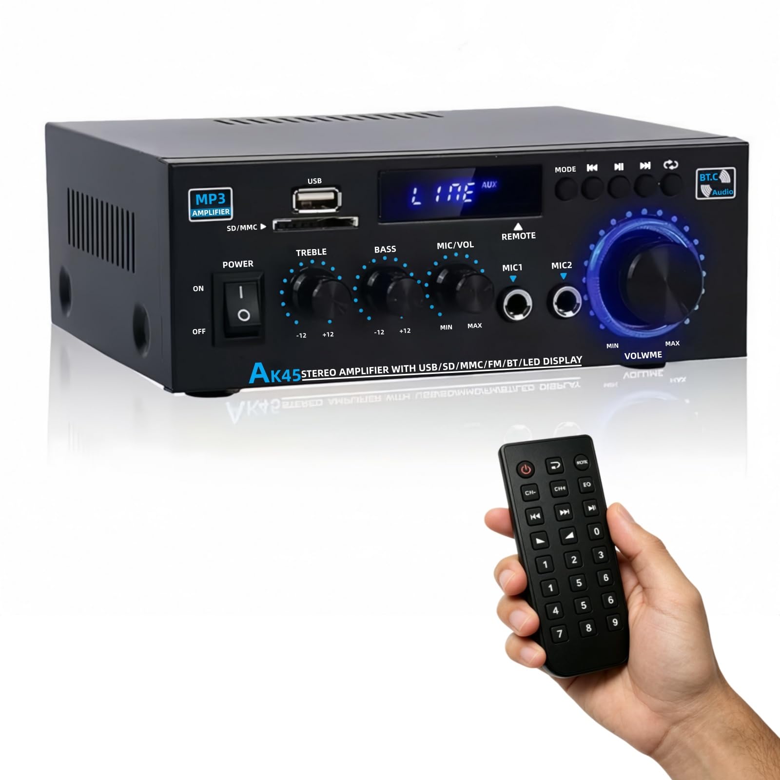 AK45 HiFi wzmacniacz Bluetooth Mini Stereo Audio Receiver 2.0-kanałowy wzmacniacz dźwięku z radiem FM, wejściem na kartę SD/USB, mikrofon do karaoke, regulator basów i wysokości, do domu, samochodu
