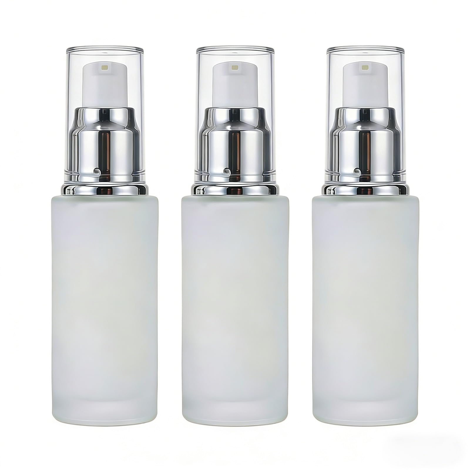 3 botellas vacías de 30 ml / 1 oz de vidrio esmerilado transparente para loción cosmética de viaje, contenedor dispensador de bomba, frascos para base de crema, aceite esencial de emulsión