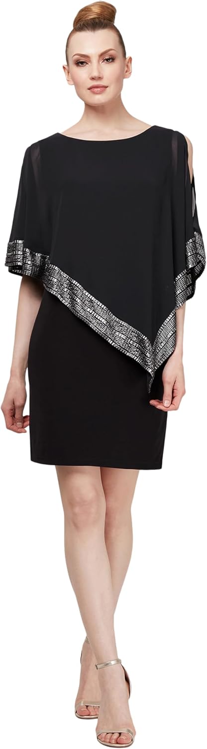 S.L. Fashions Women's Short Capelet Overlay Dress with Metallic Trim