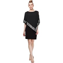 S.L. Fashions Womens Short Capelet Overlay Dress with Metallic Trim