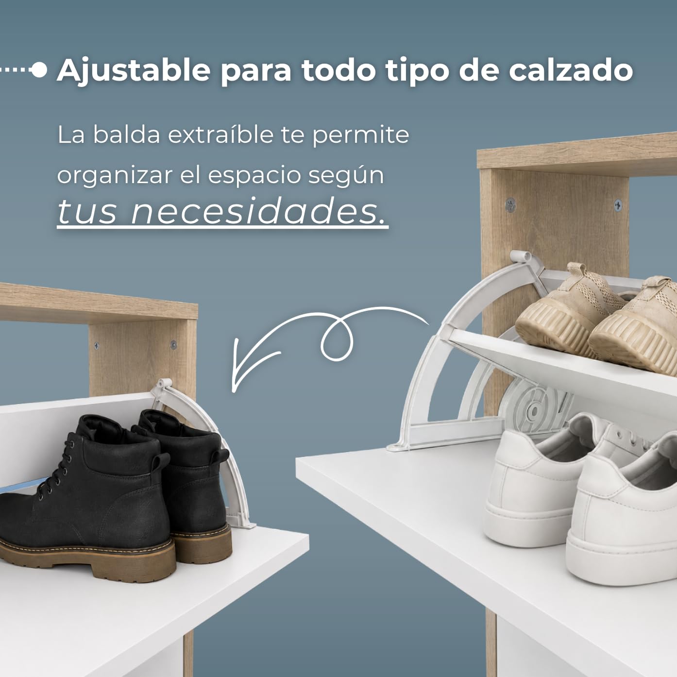 Muebles Pitarch | Scarpiera Ingresso Mobile ausiliario stretto 2 porte per ingresso Bianco e Rovere Cambrian, 12 paia di scarpe, 82x74x25cm, Collezione Tibet
