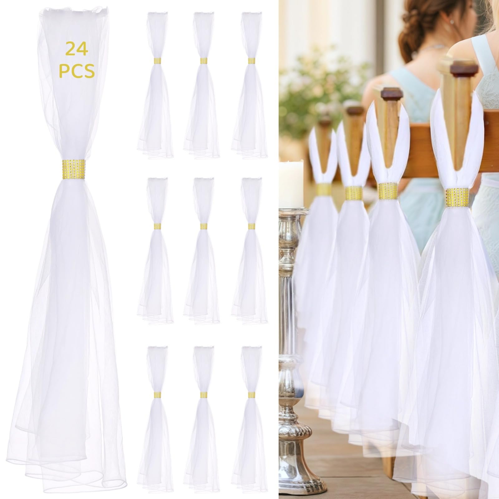 Elegante Hochzeitsstuhlschärpen mit goldenen Strass-Schnallen, Chiffon-Stuhldekorationen für Gänge, Kirchenbänke, Empfang, 24 Stück