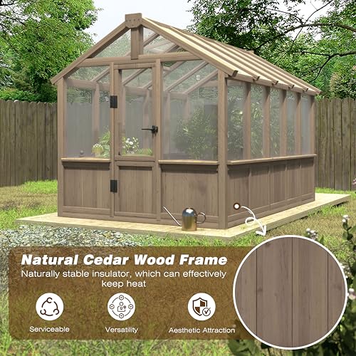 Image of Mupater 6'x10' Wooden Greenhouse for Outdoor, Heavy Duty Green House Kit with Ventilated Window and Lockable Door, 6mm PC Panels for UV Protection, Walk-in Greenhouse for Backyard, Garden, Lawn