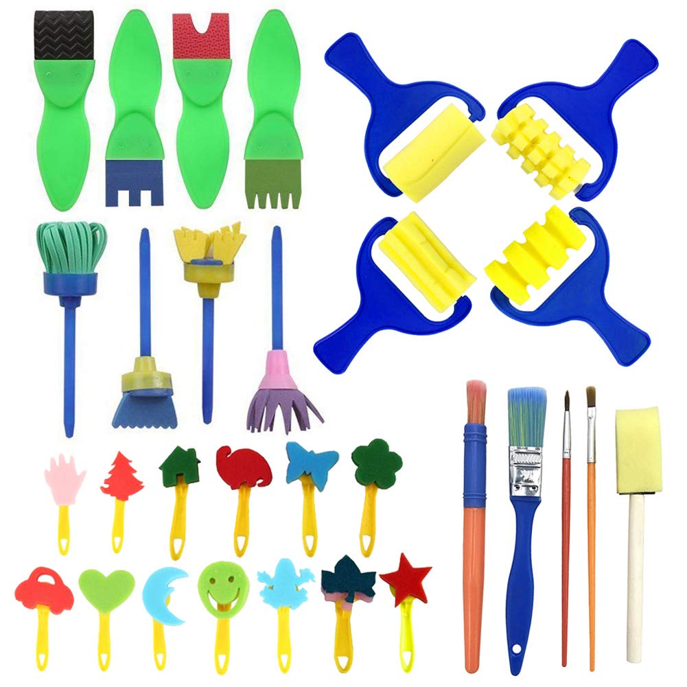 Paint Sponges for Kids,30 Pcs Kids Art & Craft Sponge Painting Brushes Kids Painting Kits Early DIY Learning Include Sponge Brush, Flower Pattern Brush, Brush Set for Childrens