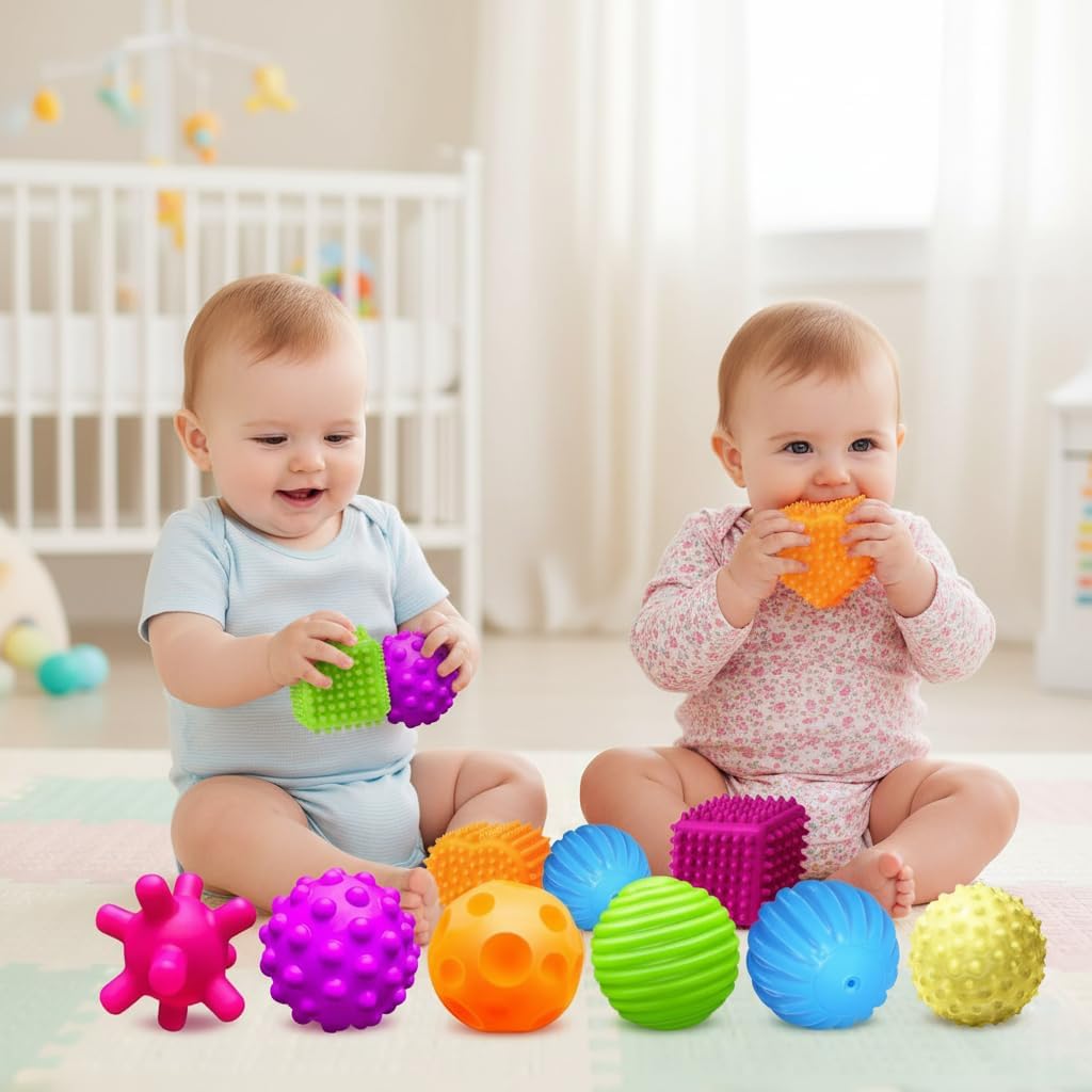 Sensory Baby Balls 6-Pack + Spiky Soft Teething Balls Set, Montessori Tactile Development Toys for 6–12 Month Infants & Toddlers, Bright Color Textured Learning Gift Bundle