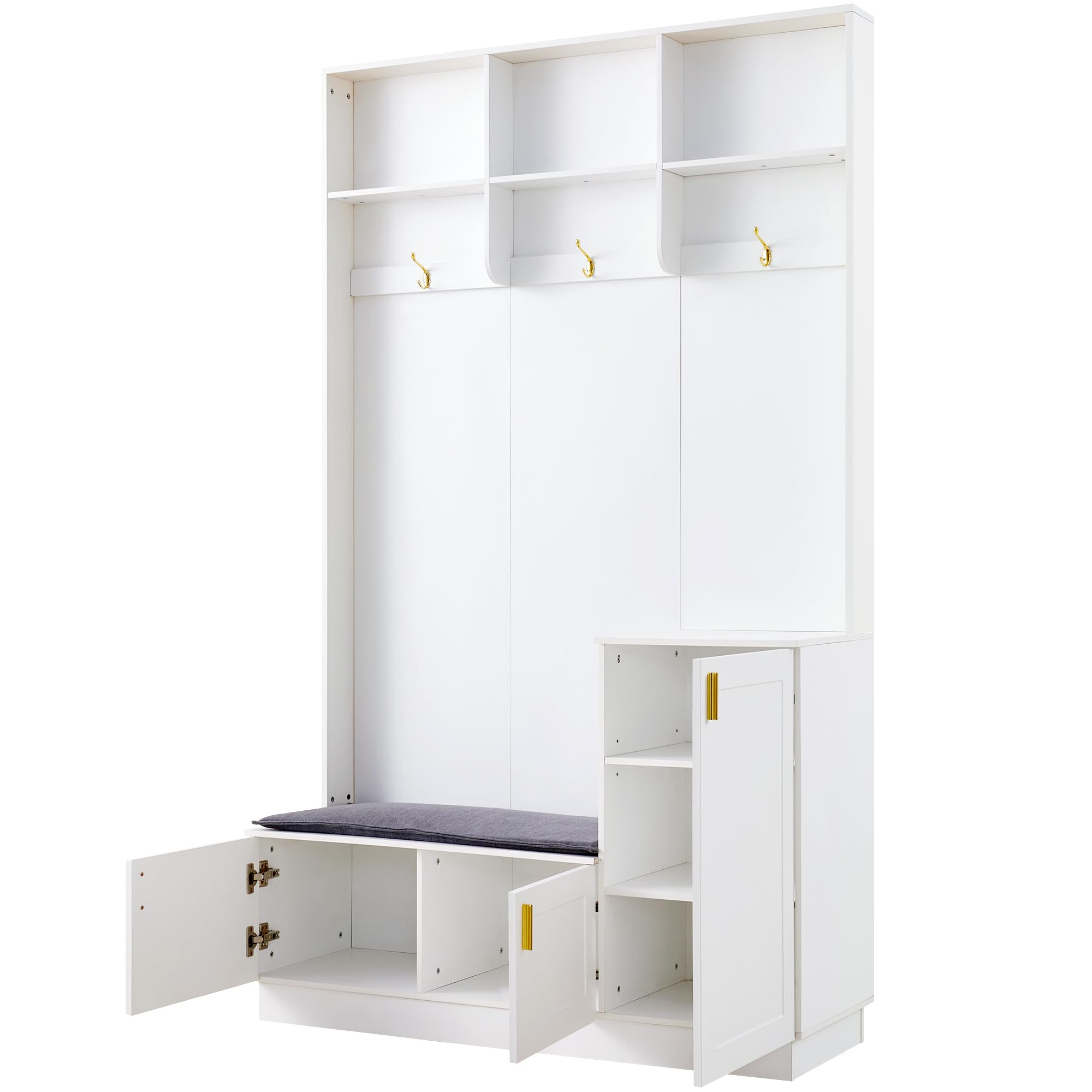 H200/B120/T40 cm con banco y zapatero, banco de almacenamiento multifuncional con 3 ganchos colgantes y espacio de almacenamiento abierto, almacenamiento rectangular y estantes para pasillo, color