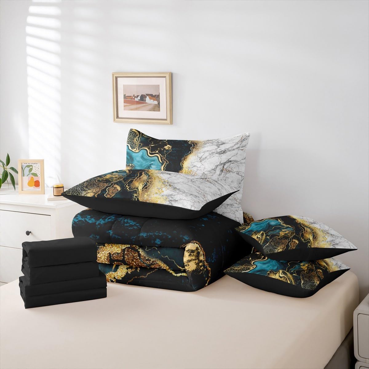 Erosebridal Turquoise Queen Comforter Set with Sheets Bed in A Bag 7 Piece Grey Abstract Marble Bedding Comforter Sets for Adults Men Women,Gold Metallic Sequin Marbling Bed Set Aesthetic Room Decor