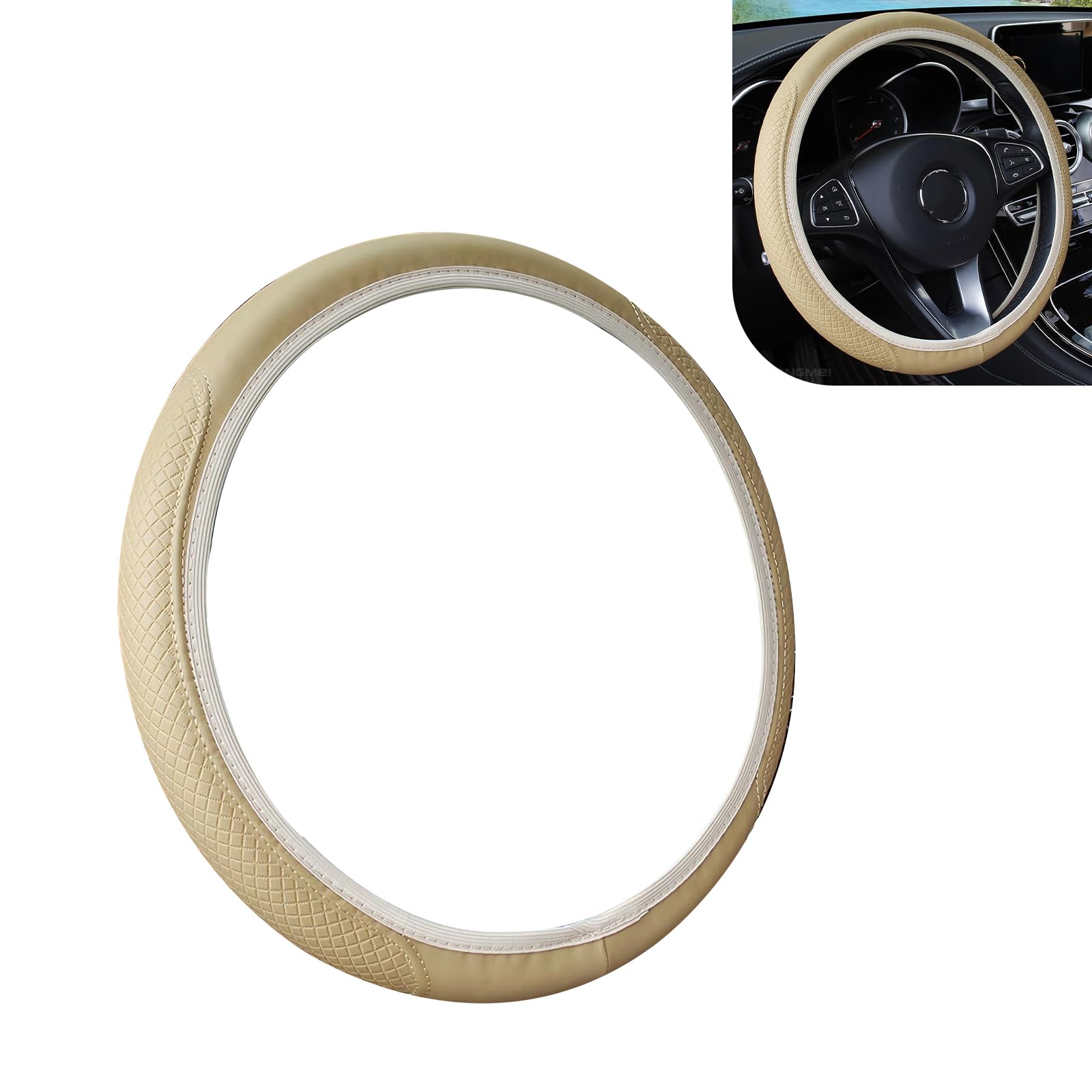 Photo 1 of ***STOCK PHOTO REFERENCE ONLY***
Bawkars Microfiber Leather Steering Wheel Cover, Anti-Slip Breathable Sporty Car Wheel Protector with Classic Embossing, Universal Fit 15 Inch for Most Cars (Beige)