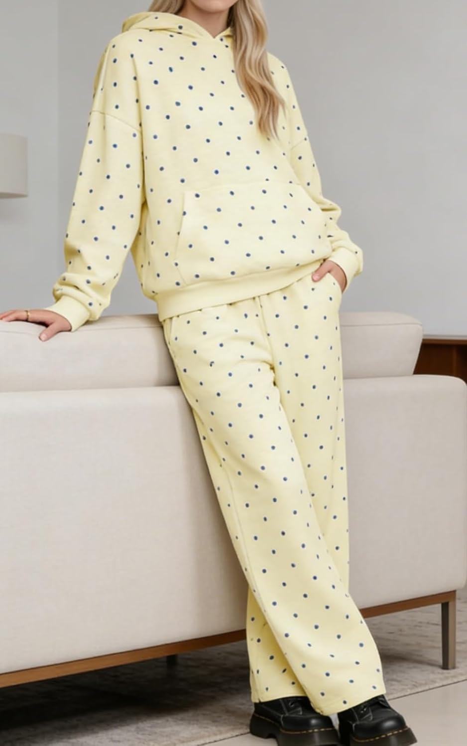 Polka Dot Hoodie and Sweatpants Set for Women 2026 Polka Dot Lounge 2 Piece Outfits Oversized Spring Summer Tracksuit