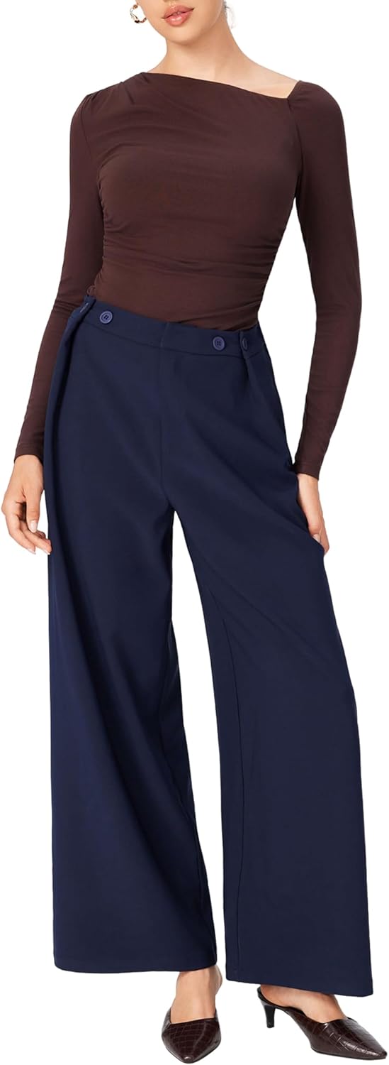 CIDER Women's Wide Leg Trousers Middle Waist Casual Stylish Button Pants - Image 2