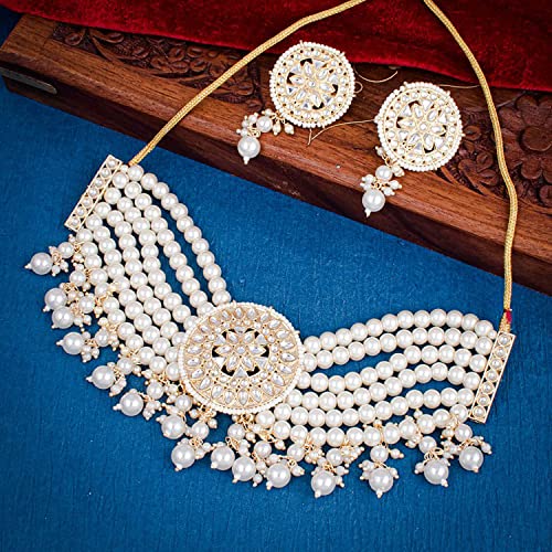 Image of Sukkhi enchanting Gold Plated Kundan & Pearl Collar Necklace Set For Women (NS101147)