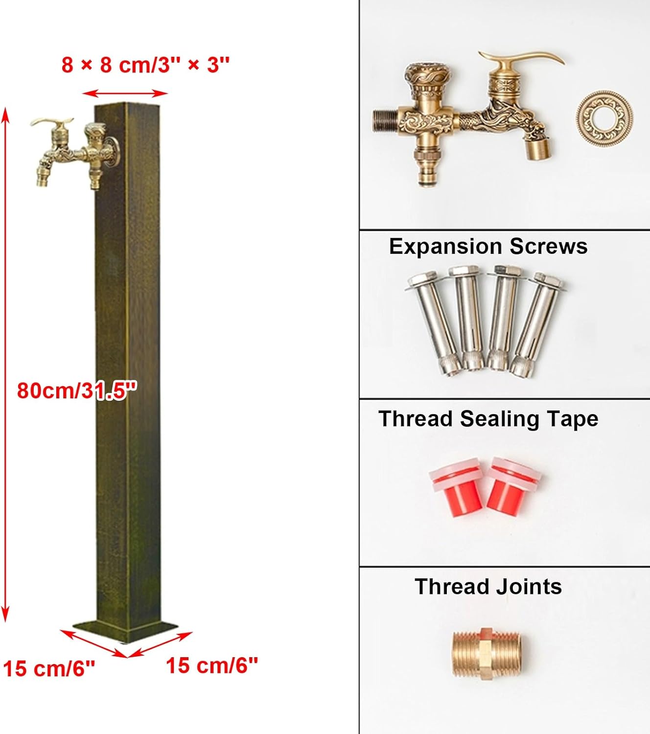 Outdoor Floor Mount Water Tap, Retro Water Column, Stainless Steel Garden Water Column, Freeze Proof Outdoor Dual Faucet, Used for Garden Irrigation and Watering(80cm/31.5in)