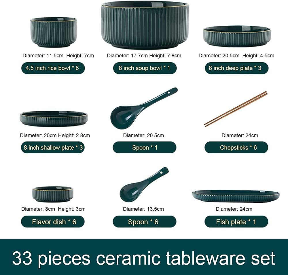 Juego de vajilla para el hogar o Restaurante Especial, Juegos de Cena de cerámica, tazón/Plato/Cuchara|Juego de vajilla con patrón de Borde de Oro Verde Juego de combinación de Porcelana de