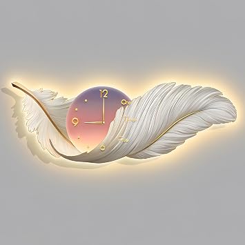 Feather Wall Decor Clock, Large 3D Wall Art Decor with LED Light and Clock, Modern Boho Plume Decorative Wall Clock Acrylic Painting for Living Room Bedroom Decor 39.413.8IN