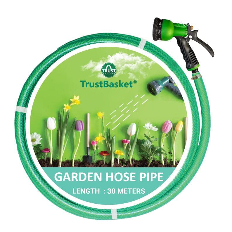 TrustBasket Heavy Duty Highly Durable PVC Plain Green Braided Water Hose Pipe (30 Meter) with 7 Pattern Sprayer Gun & 3 clamps