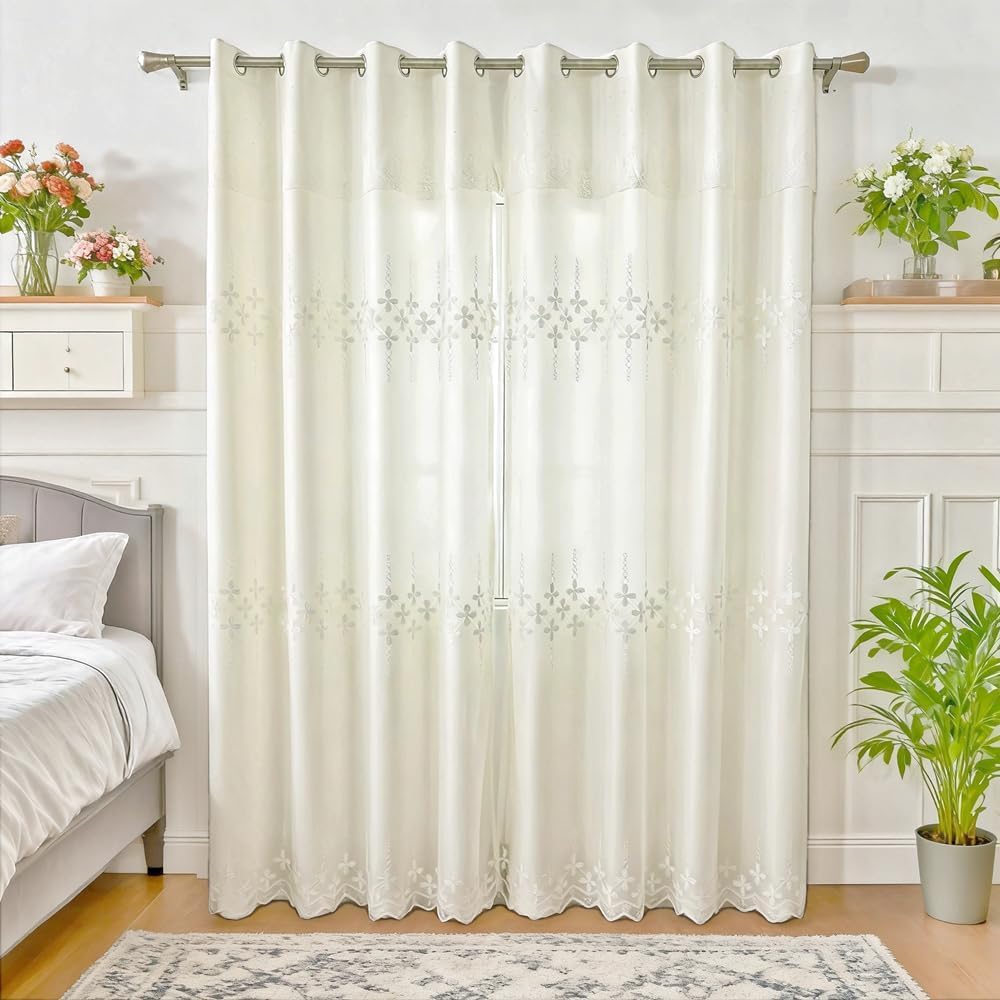 Amidoudou 1 Pair Double Layer Curtains with Valances for Living Room Flower Shaped Embroidered Curtains for Bedroom (Beige,54x84 Inch)
