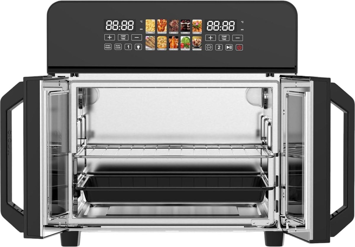 Royal Swiss - Horno eléctrico de aire, aire Fryer XXL de 23 litros, gran capacidad, pantalla LED, 1800 W, aspersión, doble puerta, temporizador y regulador de temperatura, accesorios incluidos