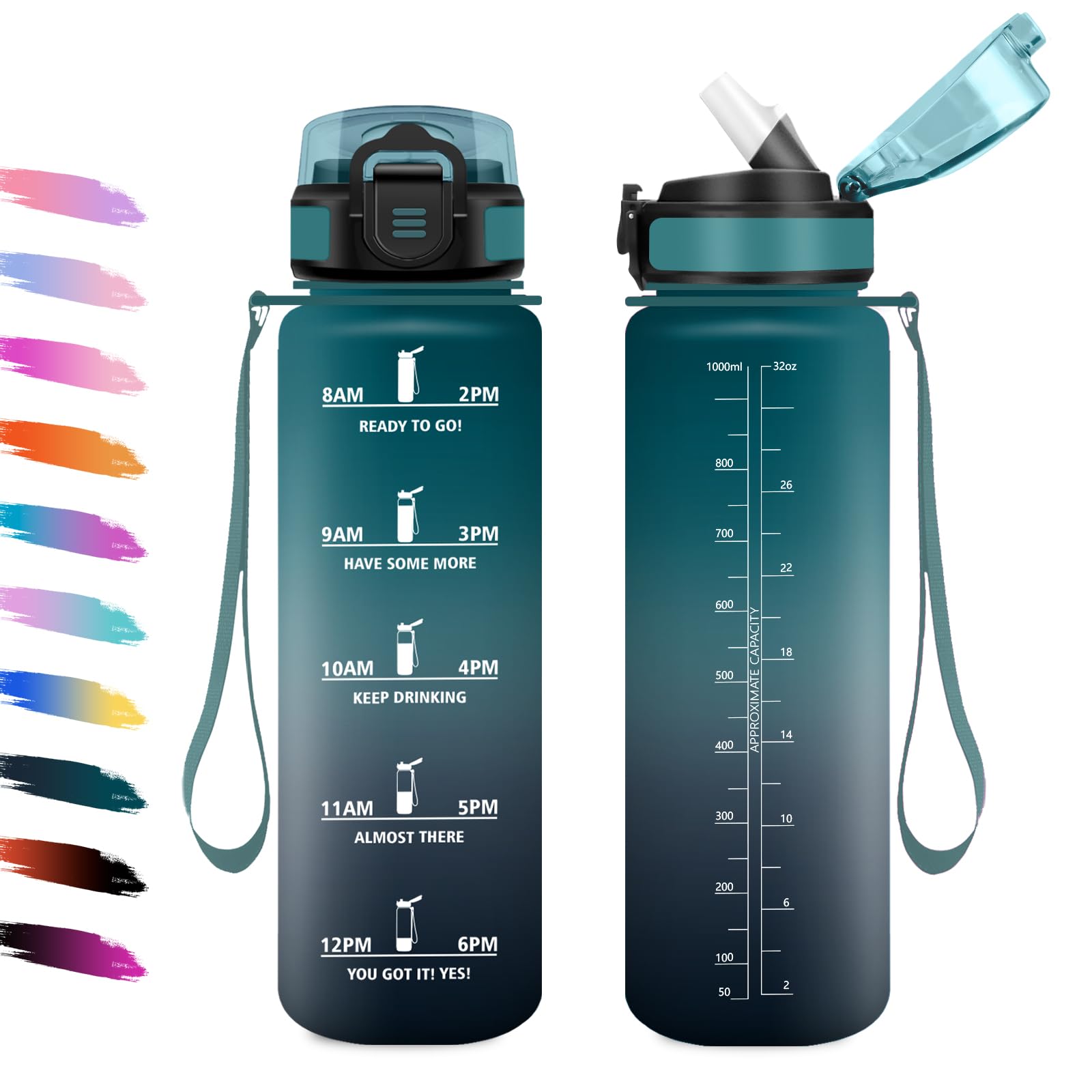 Borraccia Sportiva 1L, Bottiglia con Cannuccia, a Prova di Perdite, Facile Pulizia, Bottiglia Acqua Motivazionale con Indicatore del Tempo, per Campeggio, Ciclismo, Scuola, Ufficio, Lavoro, Gym