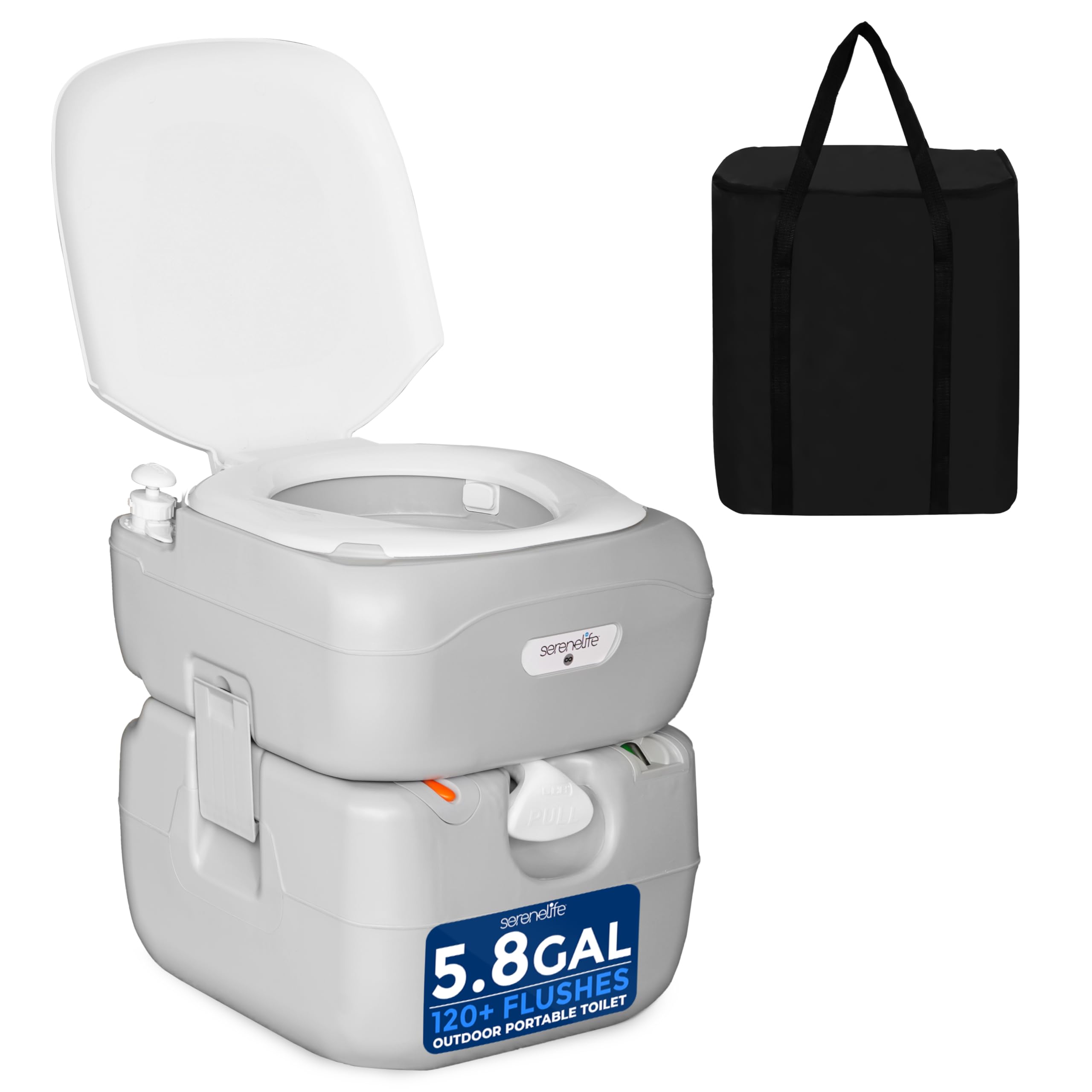 SereneLife 5.8 Gal Portable Camping Toilet For Adults, 100+ Flushes Porta Potty Camp Toilet with Detachable Waste Tank, Level Indicator, Carry Bag, Suitable for Camping, Hiking, and Boating