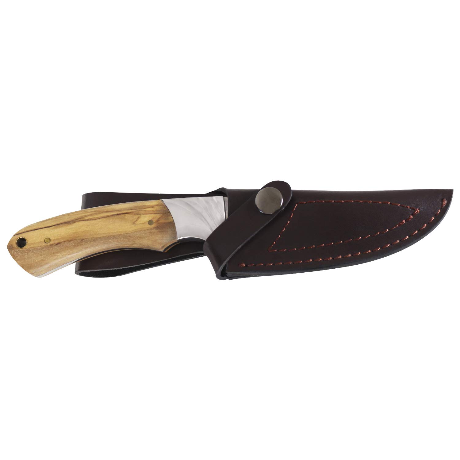 iFIELD Cuchillo de caza deportivo Camper EL29018, mango de olivo, hoja de 10,8 cm, acabado pulido, virola de acero, funda de piel marrón, herramienta de camping para pesca, caza, actividad deportiva