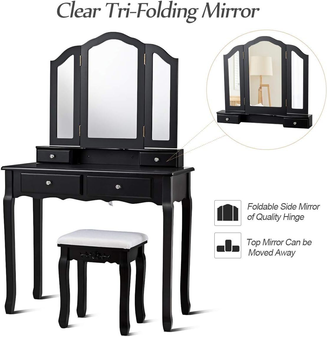 Giantex Vanity Set with Tri-Folding Mirror and 4 Drawers, Makeup Dressing Table with Cushioned Stool for Girls Women, Modern Bedroom Bathroom Makeup Table with Stool (Black)
