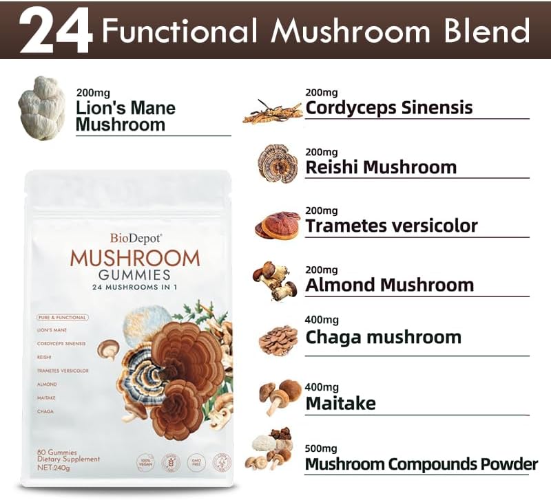 Super Mega Mushroom Gummies 24 in 1 Daily Mushroom Supplement Support for Memory, Focus & Energy, Host Immune Defense with Lions Mane, Reishi, Chaga, Turkey Tail, Citrus Flavor, 120 Gummie