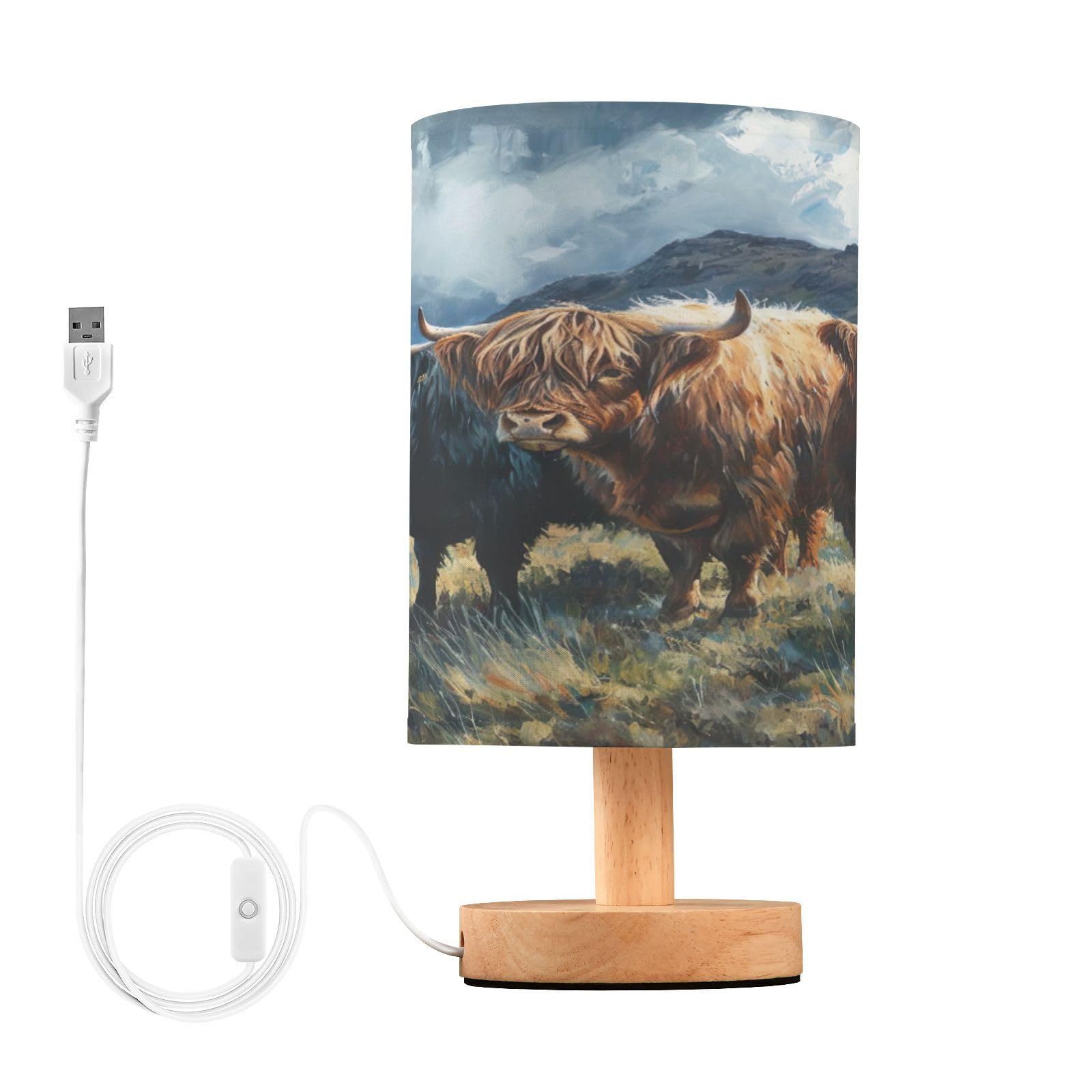 SDMKA Highland Cattle Pattern Bedside Table Lamp for Bedroom, Minimalist Nightstand Lamp with Round Fabric Shade for Living Room, Office, No Bulb Required