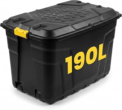 NOVECRAFTO 190L Extra Large Storage Box on Wheels with Lid   Heavy-Duty Storage Box with Clip-Lock Handles, Padlockable, Stackable & Weather-Resistant   Garage, Shed & Outdoor Black