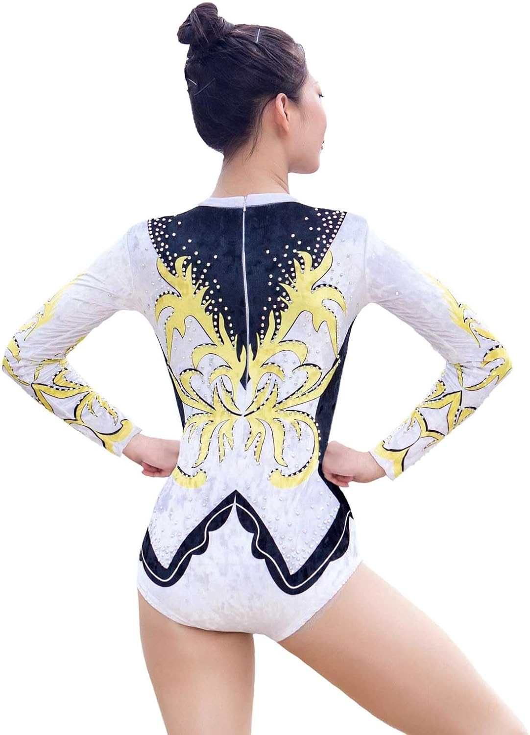 Handcrafted Artistic Gymnastics Leotard Long Sleeve Print with Rhinestone Performance Wear for Stage Custom