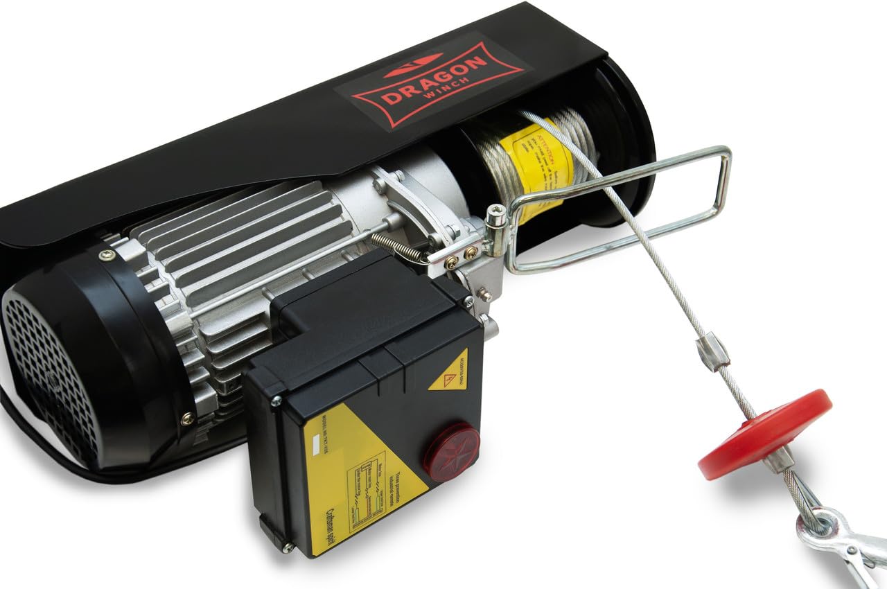 Dragon Winch Verricello Elettrico 230V 990kg con Doppio Telecomando (Wireless & Cavo) – Paranco 1300W, Argano Elettrico Altezza 12m, Carico 500-990kg, Montacarichi per Officina, Garage e Cantiere