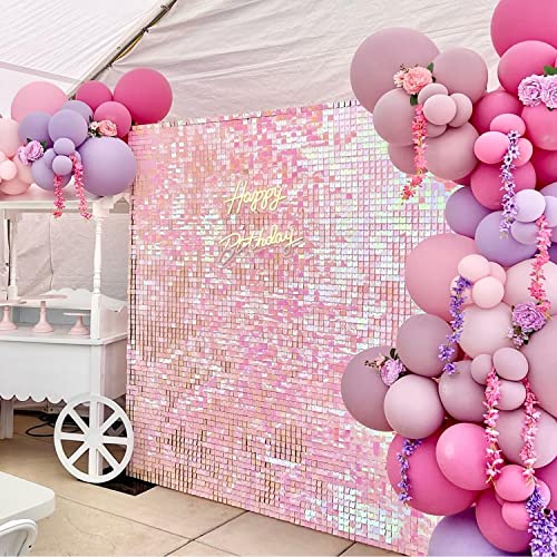 Image of COKAOBE Iridescent Pink Shimmer Wall Backdrop, 24PCS Square Sequin Shimmer Backdrop Panel, Photo Backdrops for Birthday, Anniversary, Wedding, Graduation & Bachelorette Party Decoration