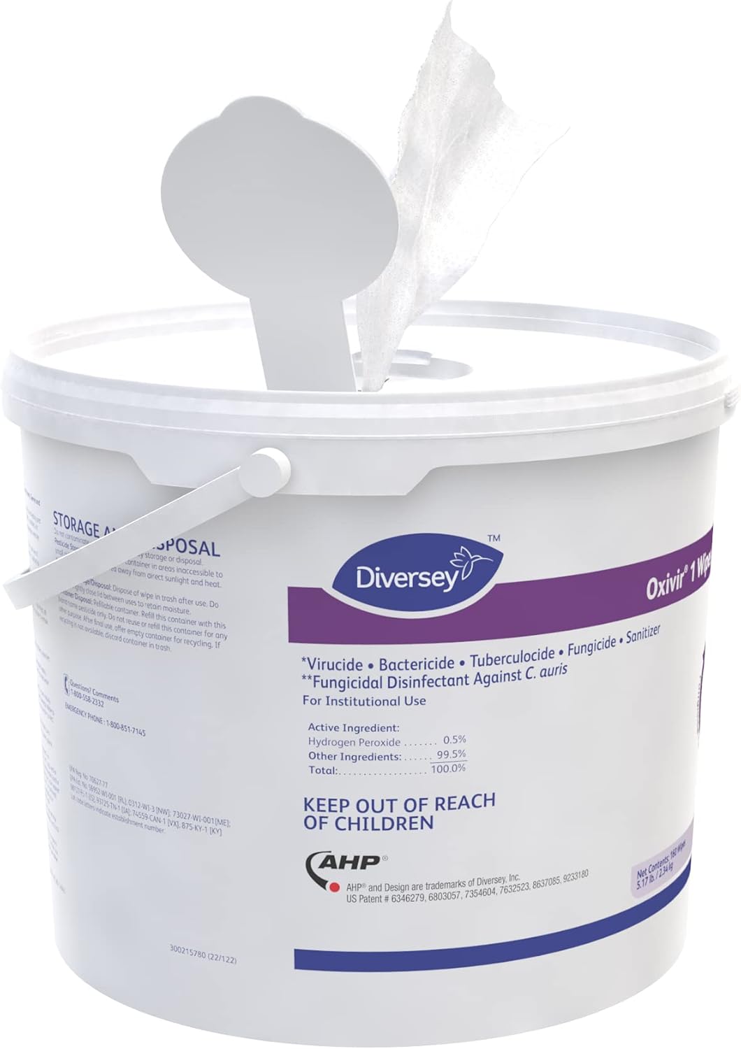 Oxivir Diversey 1 100850924 Disinfectant Cleaning Wipes, Virucidal, Pre-Moistened with Accelerated Hydrogen Peroxide AHP, Unscented, 160 Extra Large 11x12-Inch Wipes, 1-Bucket (Pack of 4)