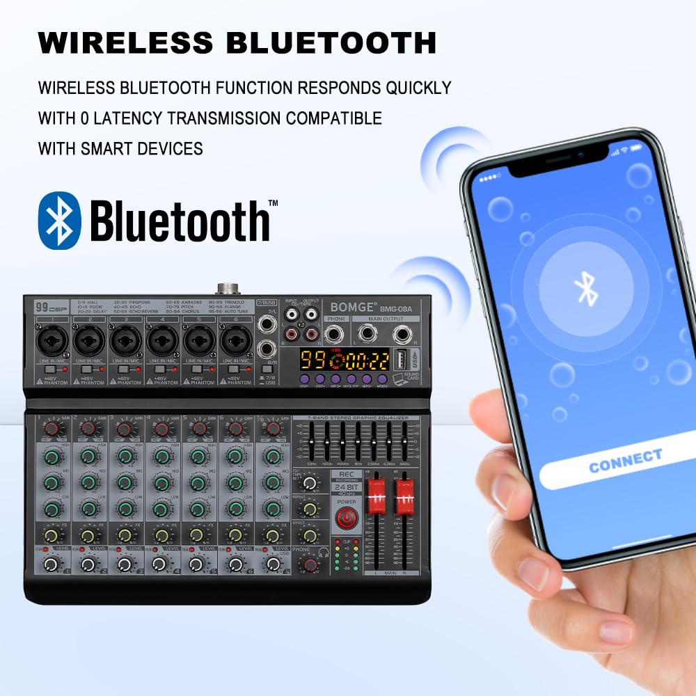 BOMGE Mixeur audio DJ professionnel à 8 canaux, mixeur sonore avec 99 effets DSP/égaliseur 7 bandes/clé USB/Bluetooth/ordinateur/fantôme 48 V pour enregistrement sur PC, karaoké, studio de streaming