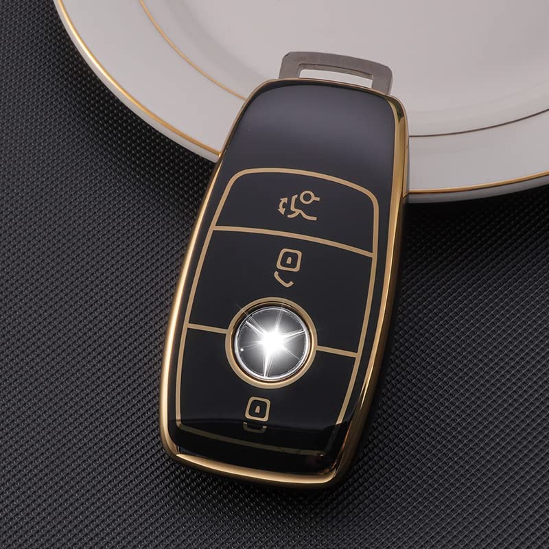 Image of KMH TPU Gold Car Smart Key Cover Compatible for Mercedes Benz E Series and S Series 3 Push Button Smart Key Shell Case Holder, Key Protector (Black with Gold) Pack of 1