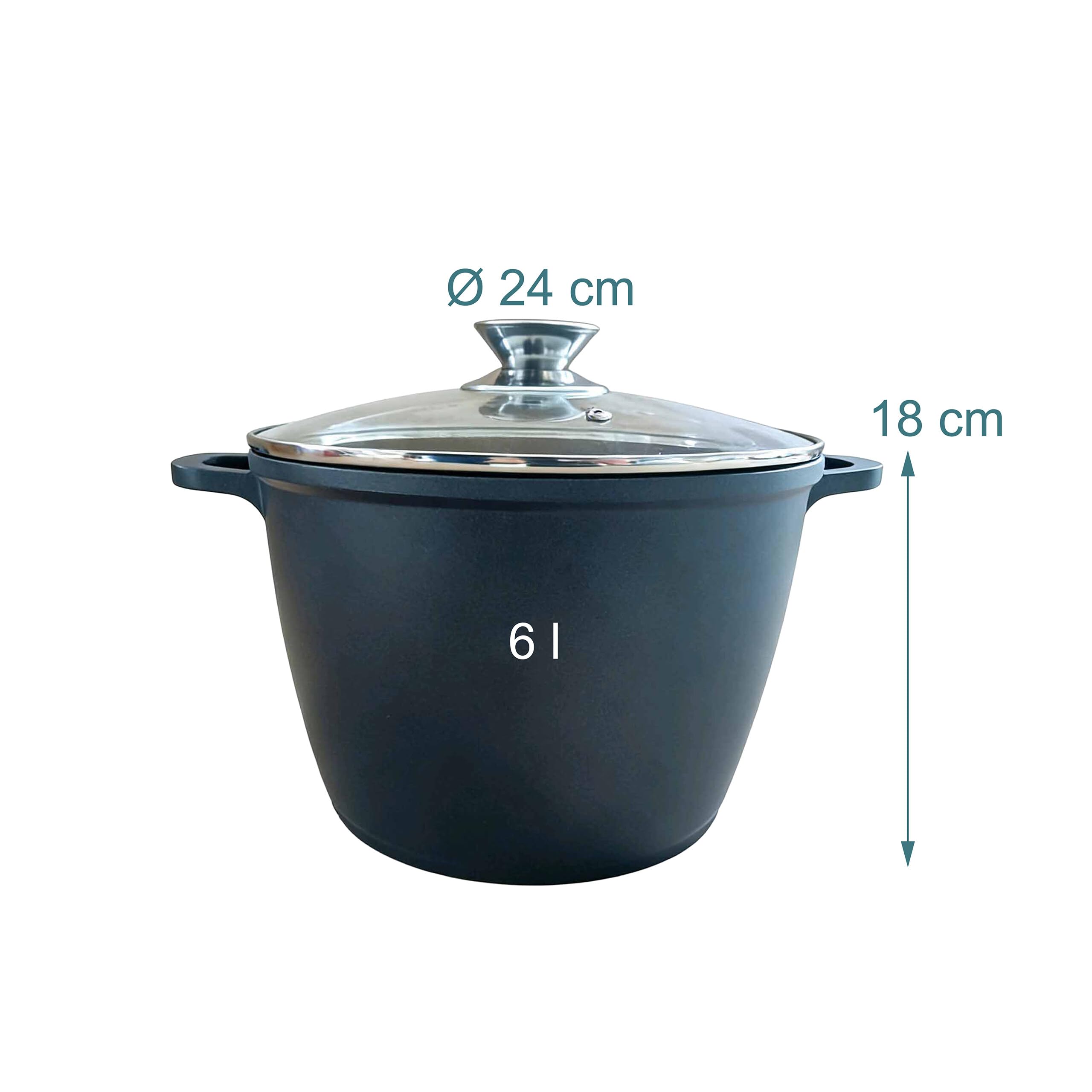 Relaxdays olla para sopa con tapa de cristal, antiadherente, XXL inducción, 10 l, 28 cm, fundición de aluminio, negra