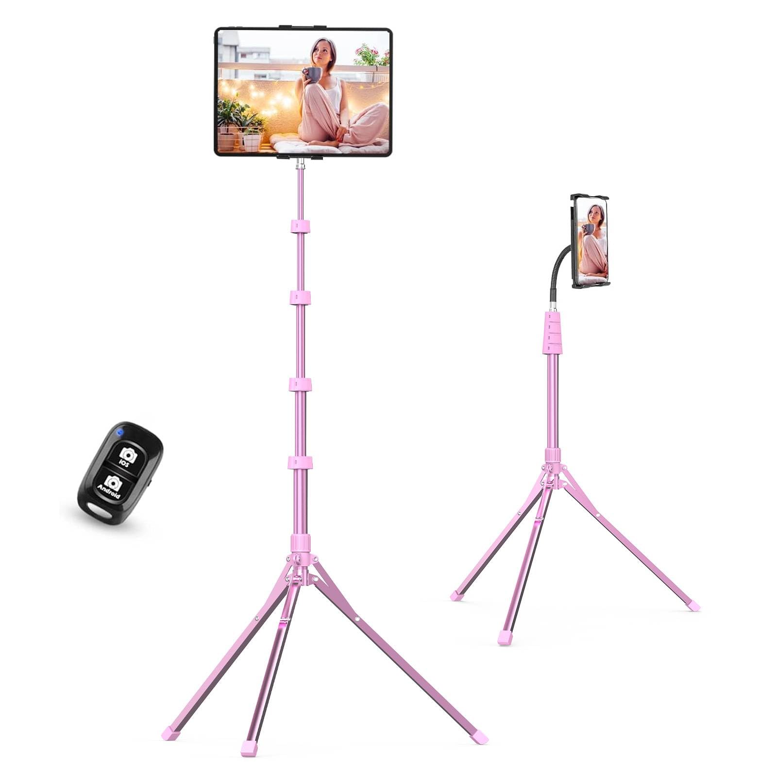 Aureday Adjustable Tripod Stand, 67” Height, Tablet Holder for iPad mini/Air/Pro, Kindle, Switch, Smartphones, 4.7”-12.9” Devices, Pink