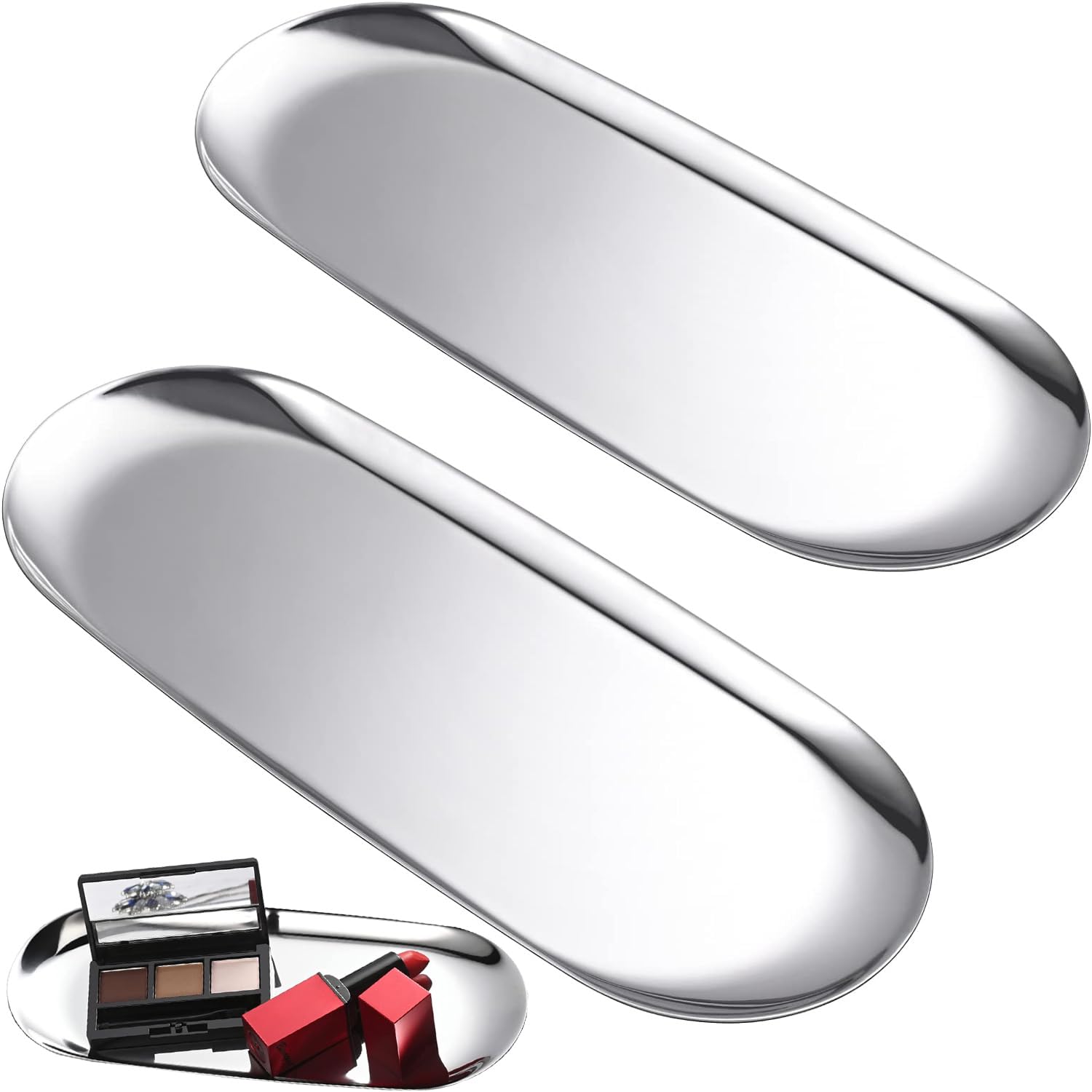 10 Set di Vassoi Ovali in Acciaio Inox Color Argento, per riporre asciugamani, piatti per tè, frutta, cosmetici, gioielli, 18 x 8,5 cm