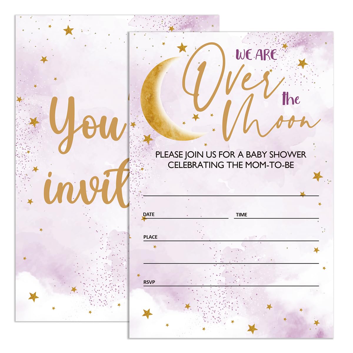 UDNADKEX Baby Shower Invitations for Girl Star with Envelopes, Invites for Baby Showers Party Over The Moon, Purple Baby Shower Invite Cards, We Are