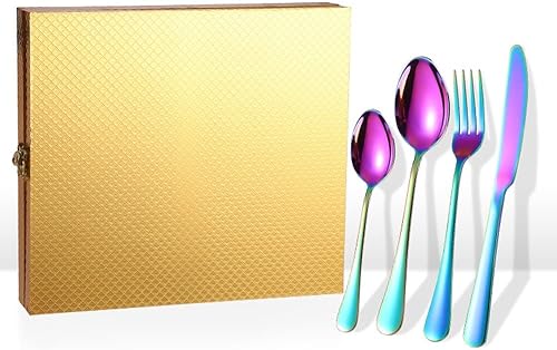 Miniatura 2 de UNeeDM - Juego de 24 piezas de vajilla de cubiertos plateados de acero inoxidable tenedor cuchara cubiertos con caja de regalo