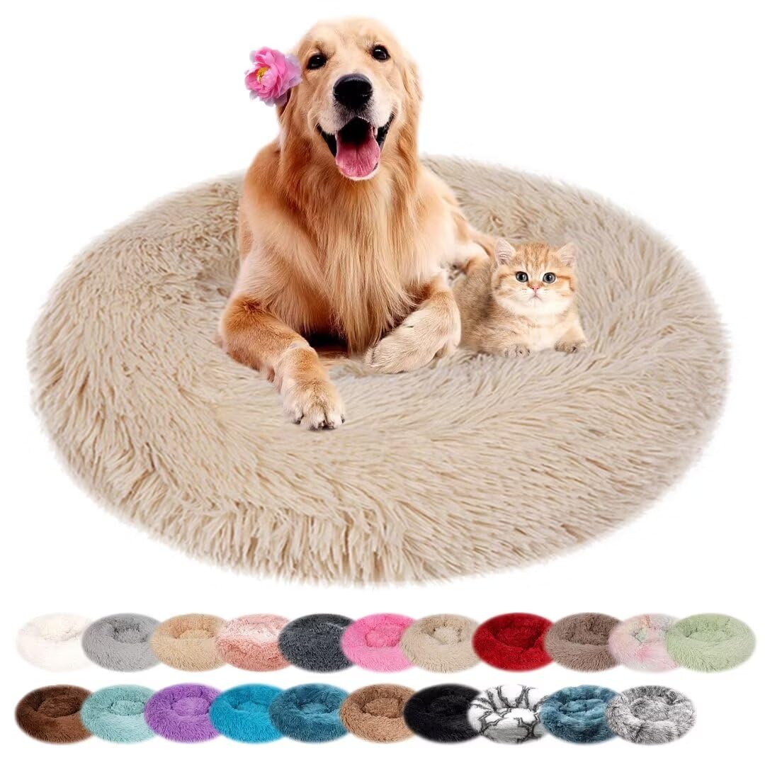 nvdsivee Dog Bed Plush Round Cat Bed for Indoor Cats Puppy Bed Washable Calming Dog Beds Cushion for Small Medium Large Dogs Dog Mattress with Anti-slip Bottom Beige 90cm