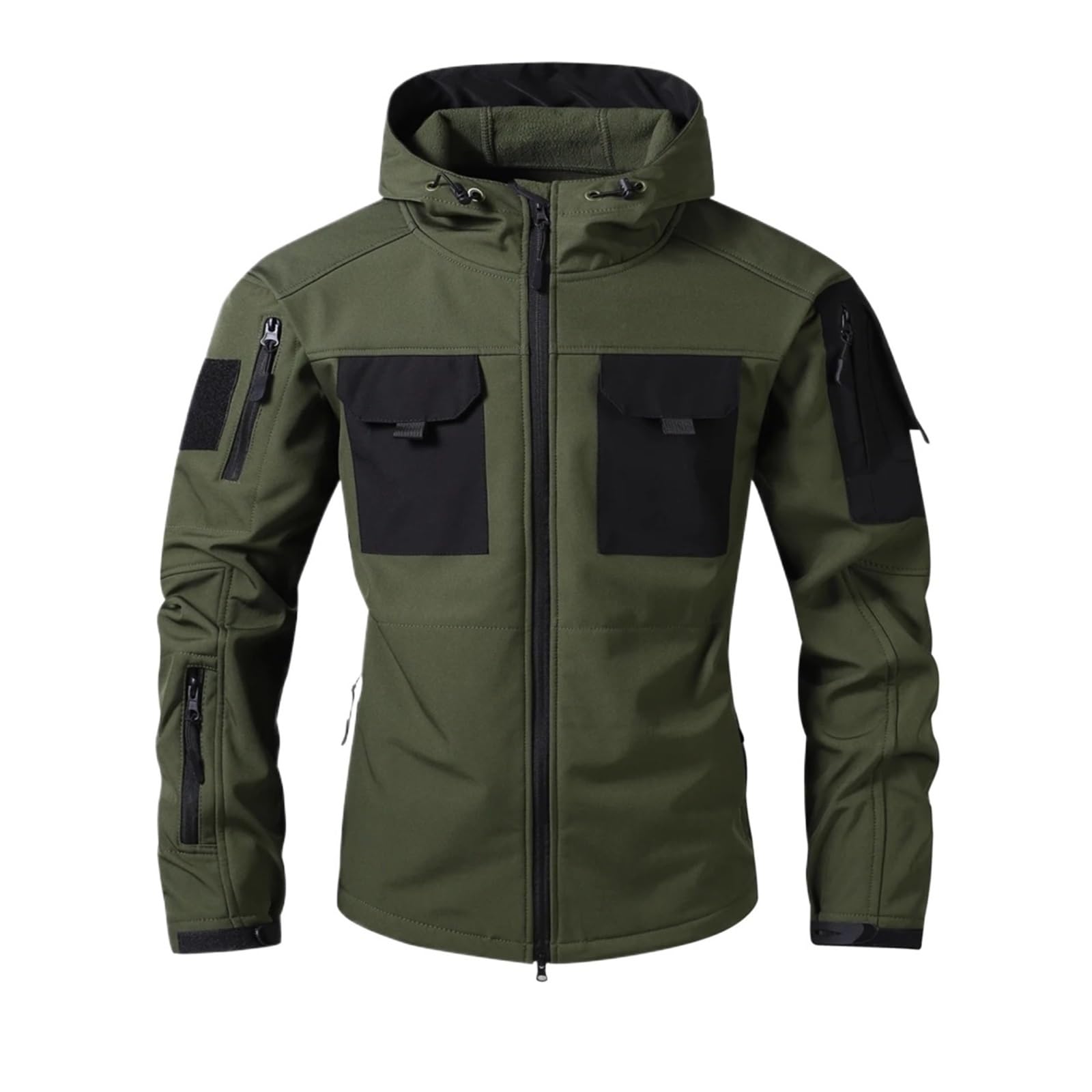Giacca impermeabile da uomo, softshell, for escursionismo, caccia, multitasche, con cappuccio, fodera in pile, resistente alla pioggia Per Uomo