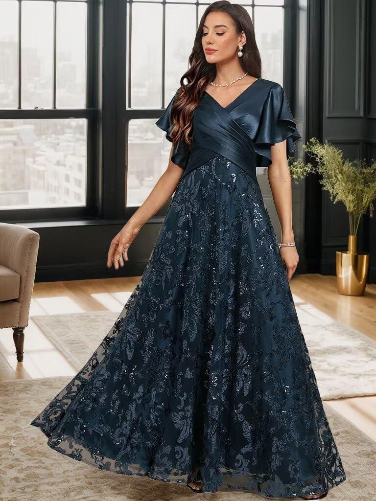 Sequin Mother of The Groom Dress for Wedding V Neck Long Grandmother of The Bride Dresses with Short Sleeve - Image 2