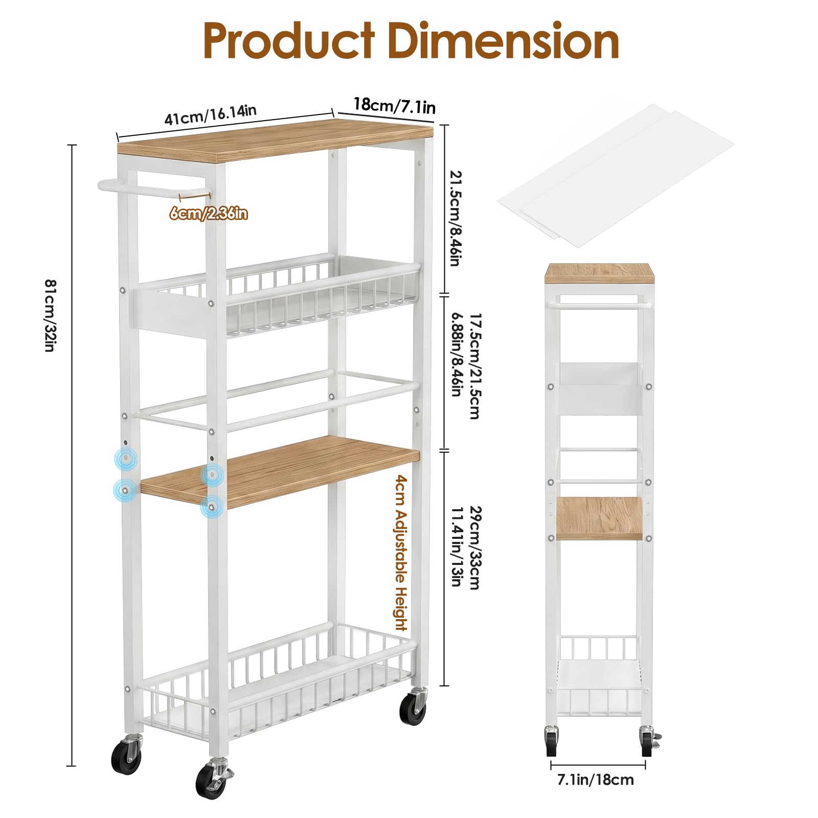 Carrello Portaoggetti Sottile con Ruote, Carrello a 4 Ripiani con Maniglia, 7,1" di Profondità, Altezza Regolabile, Scaffale Mobile Multiuso per Cucina, Bagno, Lavanderia, Bianco