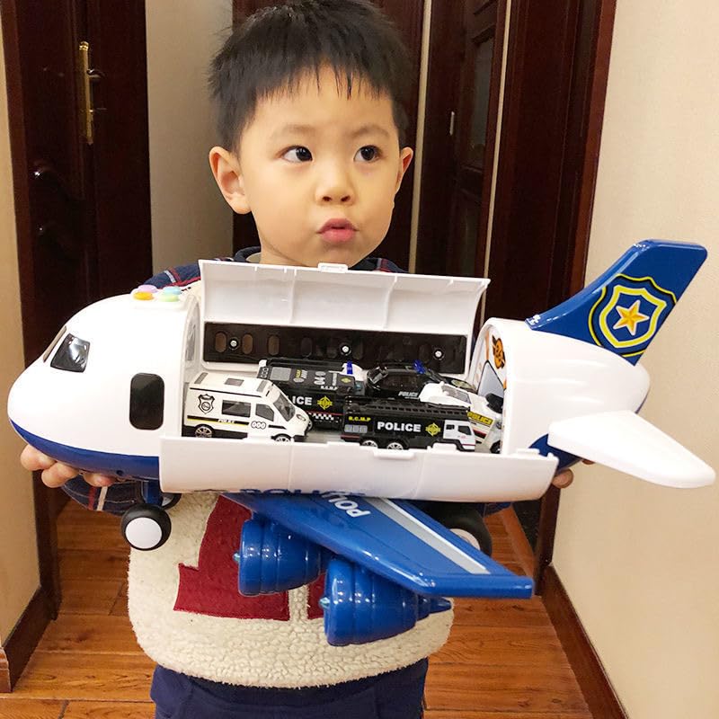 Modèle d'avion à Thème avec Rail Coulissant et Fonction Musicale pour Un Jeu Amusant, Jouet d'avion de 40 Cm de Long avec Voiture en Alliage, Avion Jouet pour Enfants (Thème Policier)
